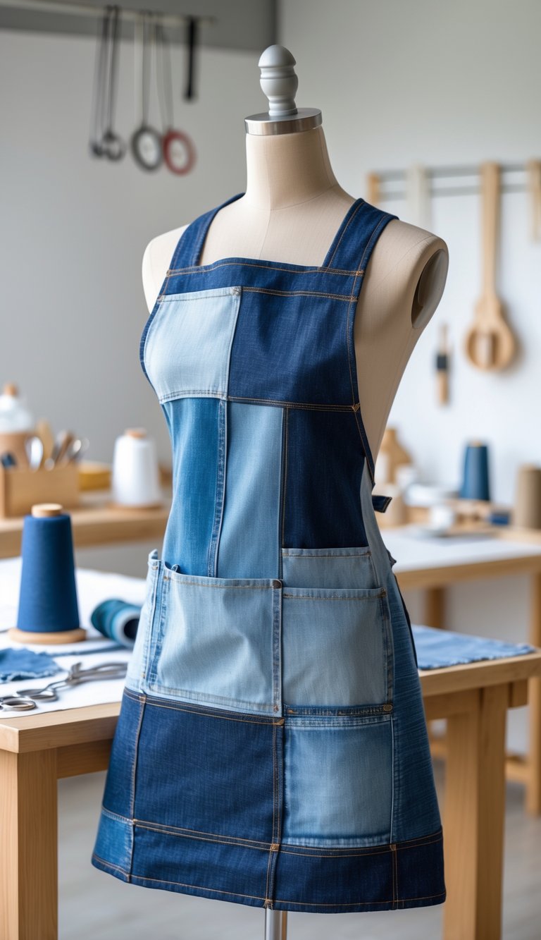 A patchwork denim apron made from different blue jean fabrics displayed in a craft studio with sewing tools on a wooden table.